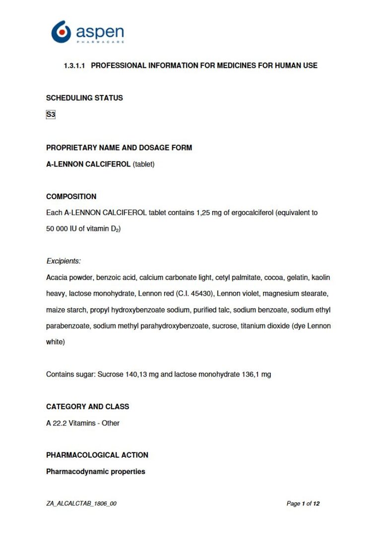 A-Lennon Calciferol 1,25 mg Tablet package insert preview