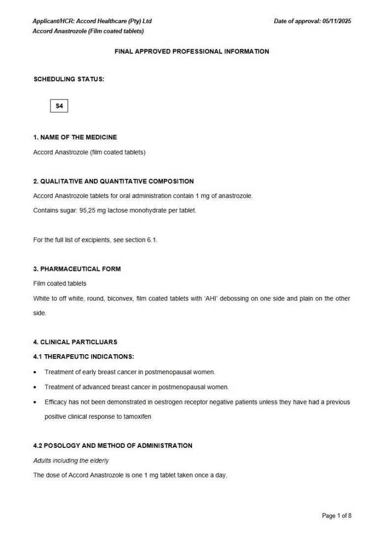 Accord Anastrozole 1 mg Tablets package insert preview