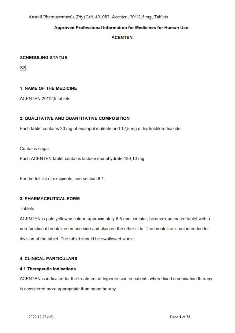 Acenten 20/12,5 mg Tablets package insert preview