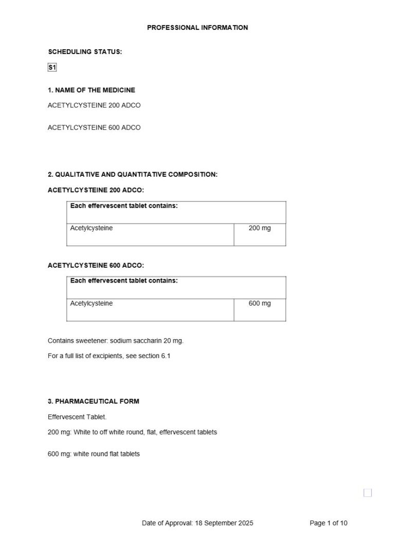 Acetylcysteine 200 & 600 Adco Effervescent Tablet package insert preview