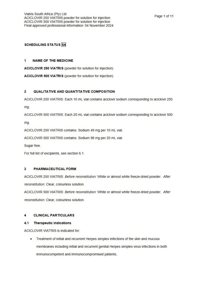Aciclovir 250 & 500 Viatris Injection package insert preview