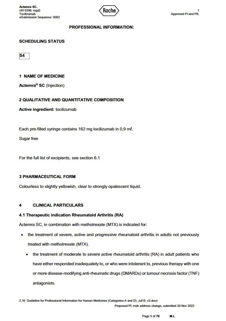 Actemra Sc 162 mg Injection package insert preview