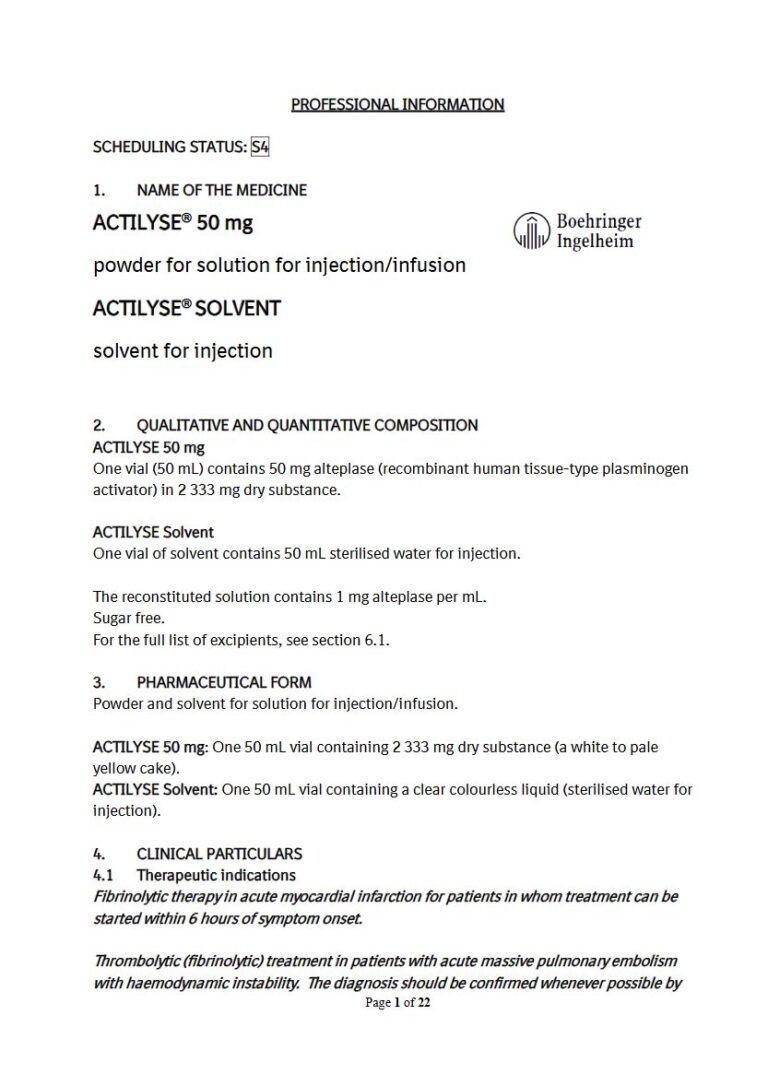 Actilyse 50mg Injection package insert preview