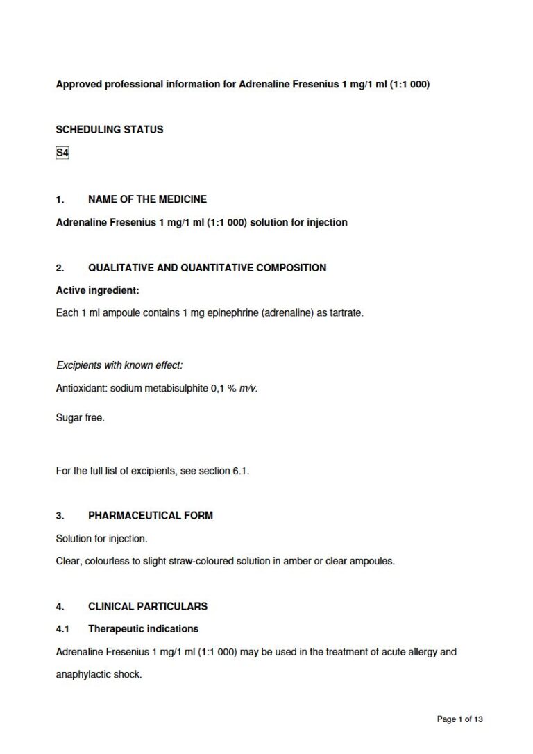 Adrenaline Fresenius 1mg/1ml injection package insert preview