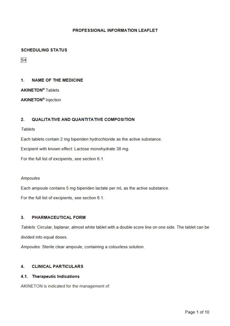 Akineton Tablets & Injection package insert preview