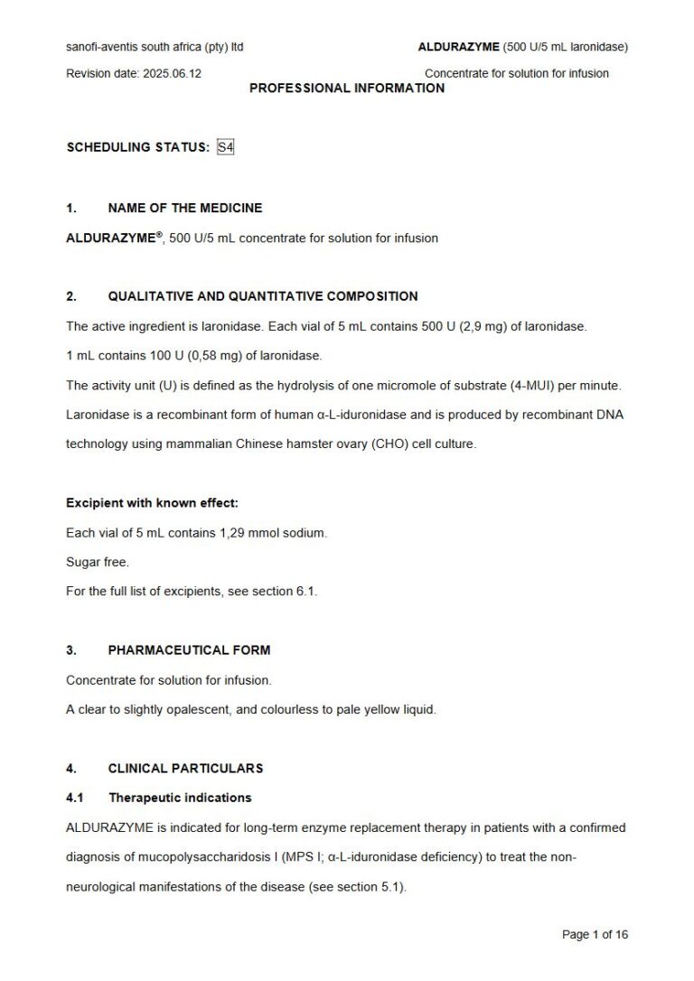 Aldurazyme Injection package insert preview