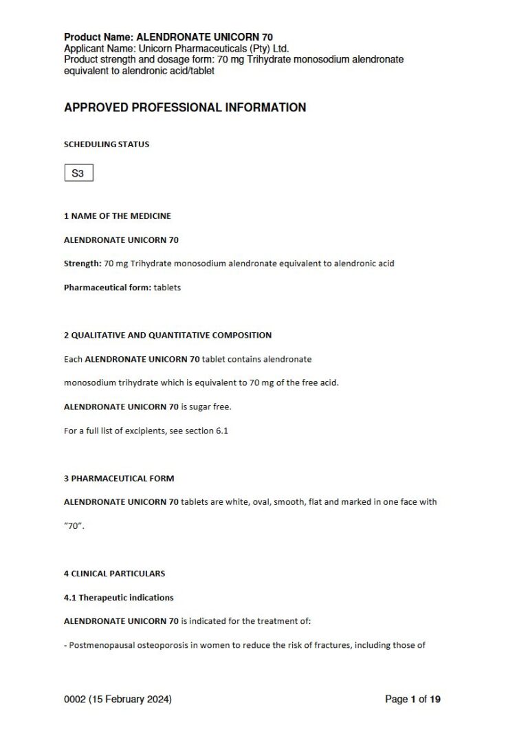 Alendronate Unicorn 70 mg Tablets package insert preview