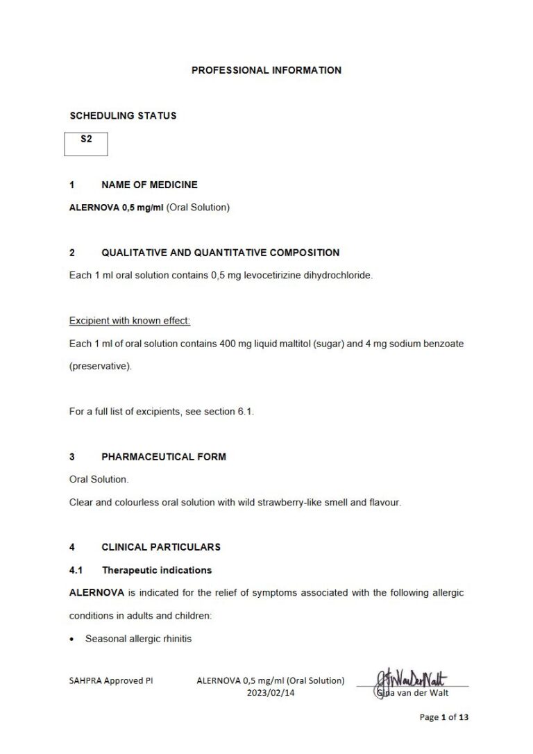 Alernova 0.5mg/ml Oral Solution package insert preview