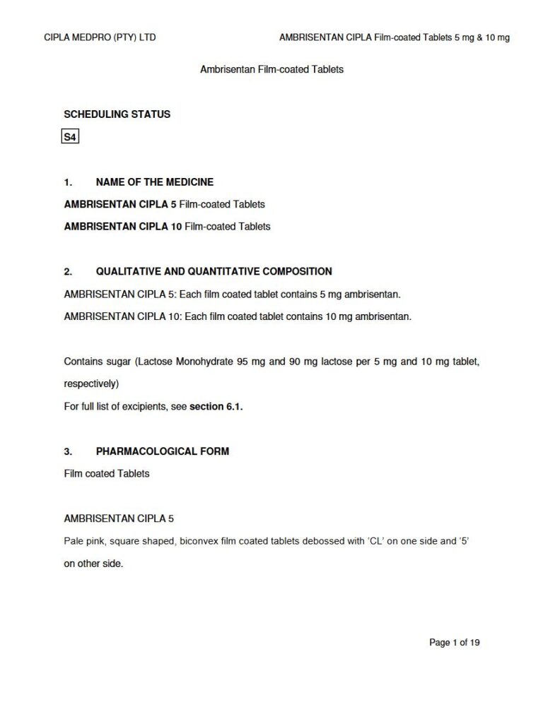 Ambrisentan Cipla 5mg & 10mg FC Tablets package insert preview