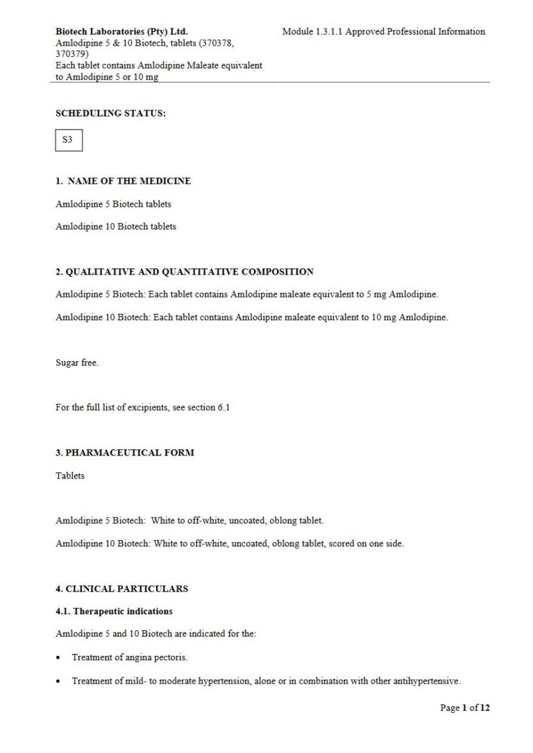 Amlodipine 5mg or 10mg Biotech Tablets package insert preview