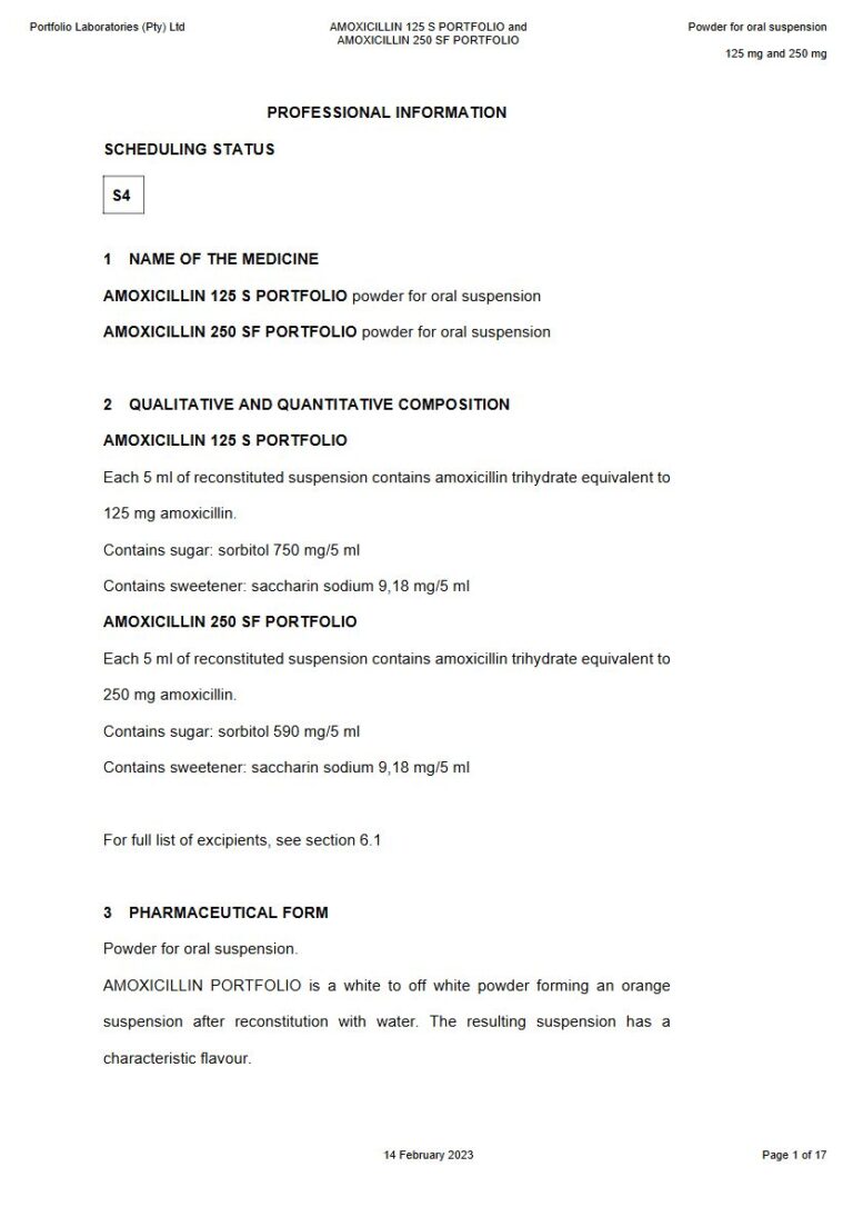 Amoxicillin 125 S & 250 SF Portfolio Suspension package insert preview