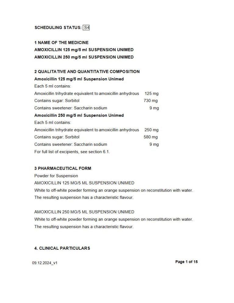Amoxicillin 125mg/5ml Suspension Unimed package insert preview