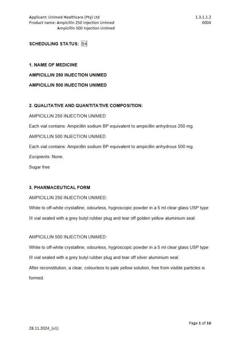 Ampicillin 250 & 500 Injection Unimed package insert preview