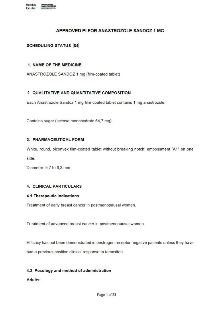 Anastrozole Sandoz 1mg FC Tablet package insert preview