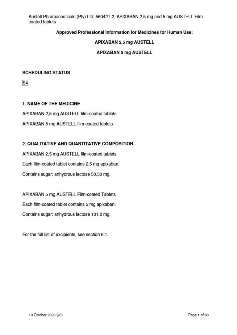 Apixaban 2,5mg or 5mg Austell Tablet package insert preview