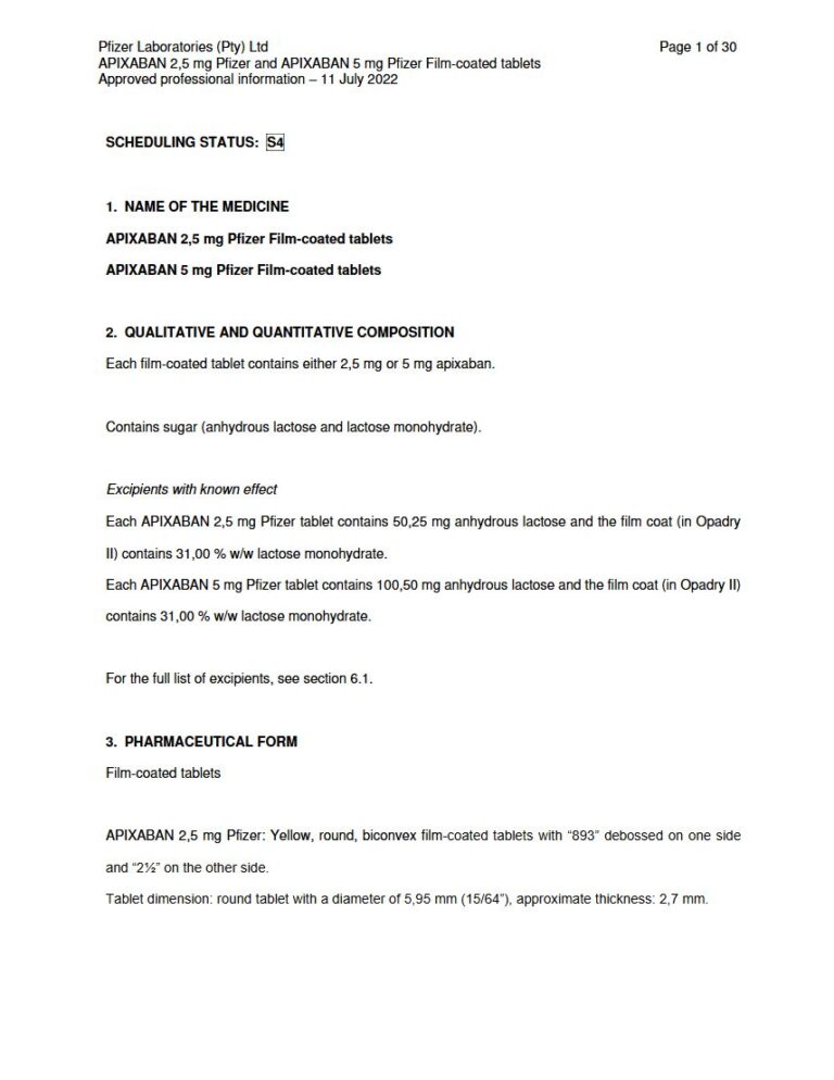 Apixaban 2,5mg or 5mg Pfizer Tablets package insert preview