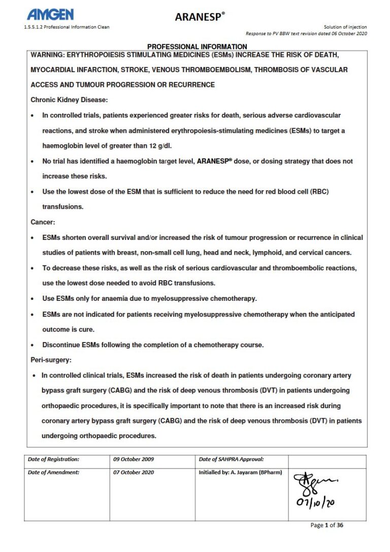 Aranesp Injection package insert preview