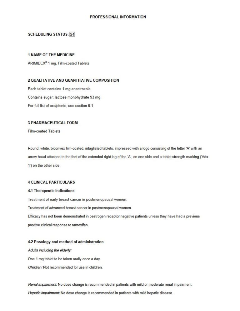 Arimidex 1mg FC Tablets package insert preview