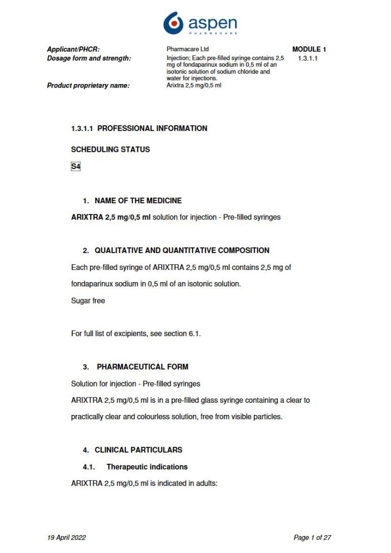 Arixtra 2.5mg/0.5ml Injection package insert preview