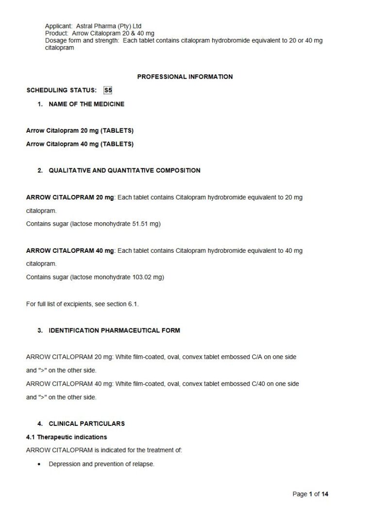 Arrow Citalopram Tablets package insert preview