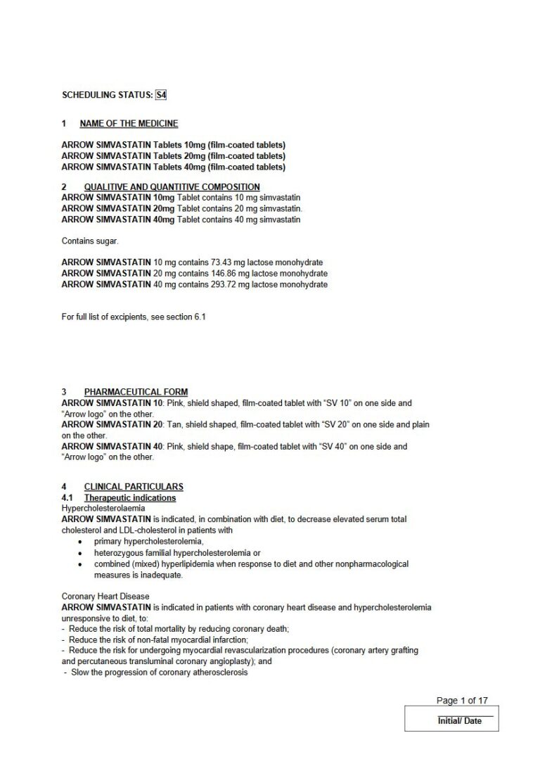 Arrow Simvastatin Tablets package insert preview
