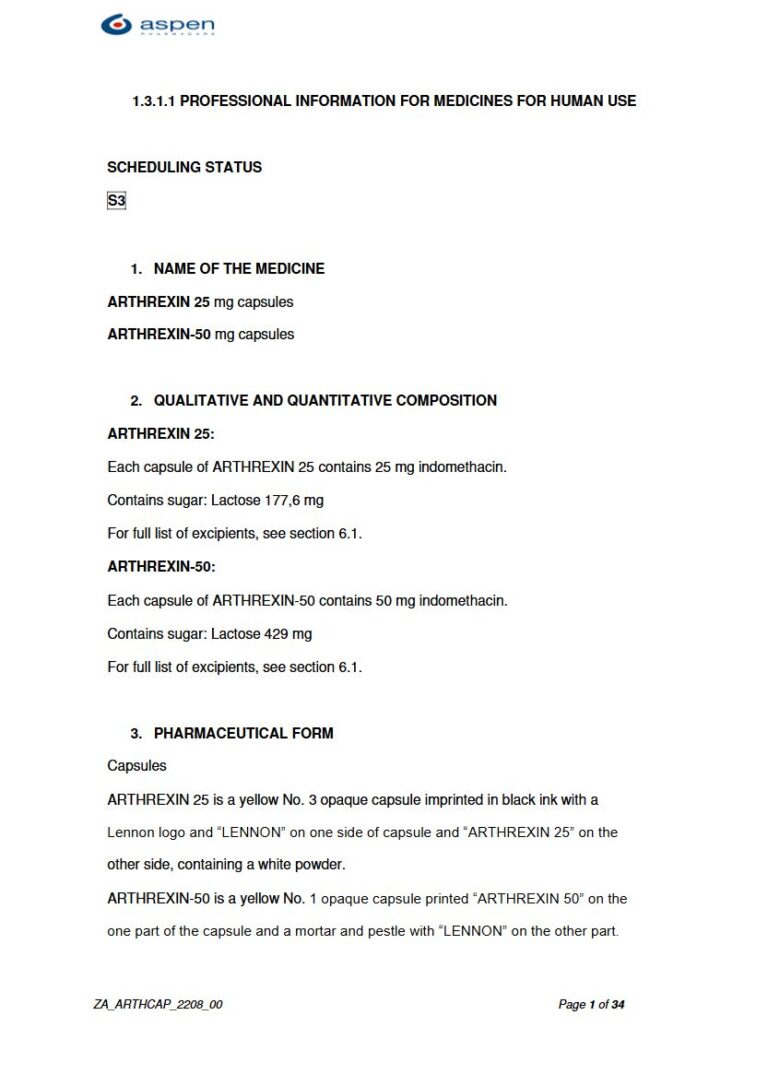 Arthrexin 25mg or 50 mg Capsules package insert preview