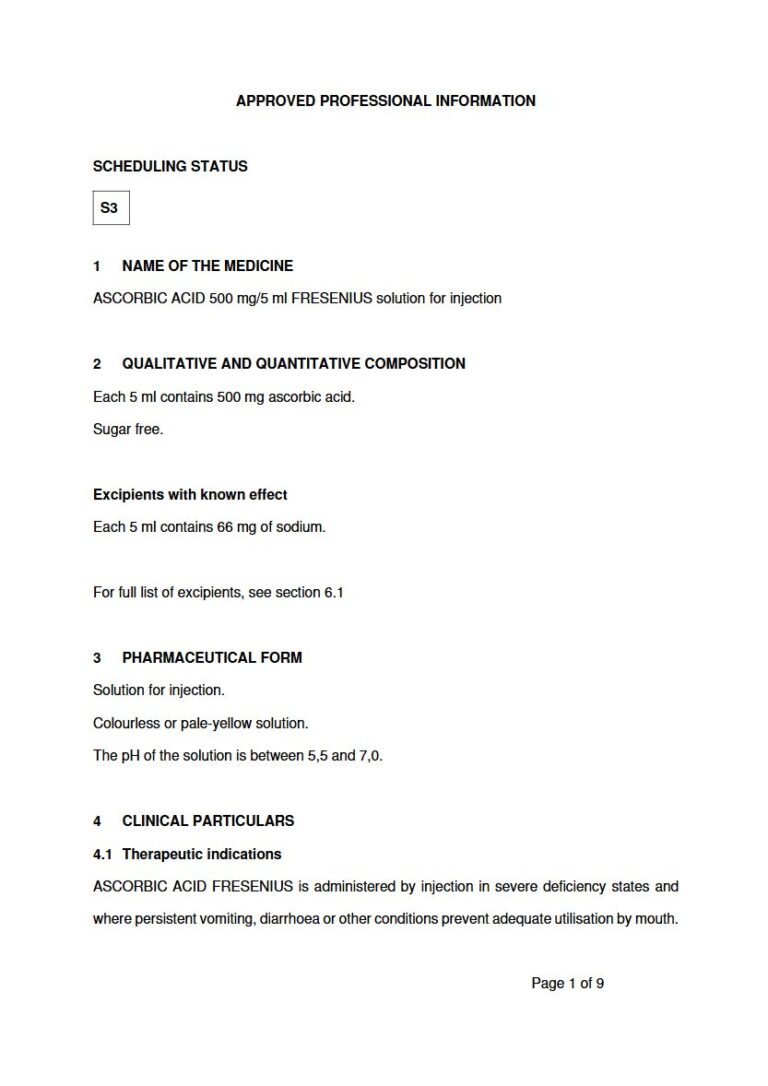 Ascorbic Acid 500mg/5ml Fresenius Injection package insert preview