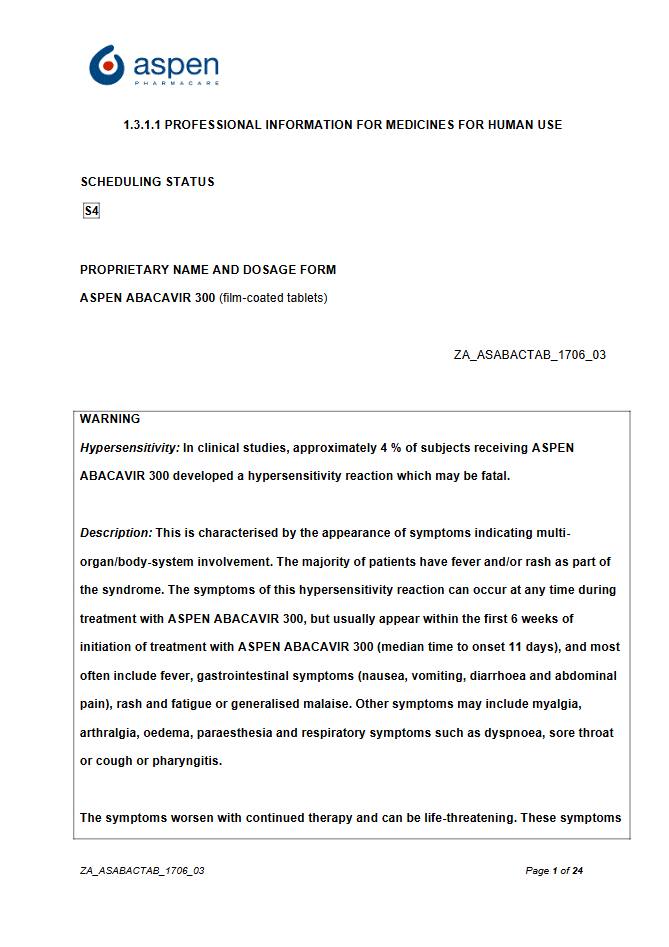 Aspen Abacavir 300mg Tablets package insert preview