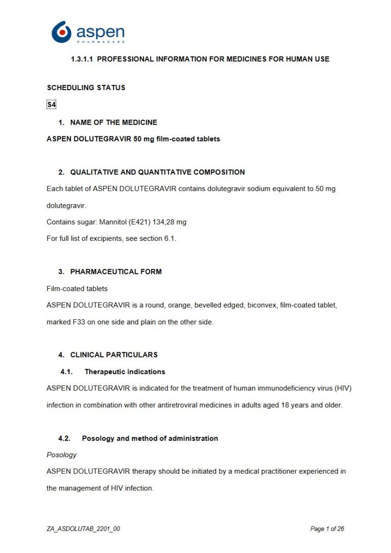 Aspen Dolutegravir 50mg FC tablets package insert preview