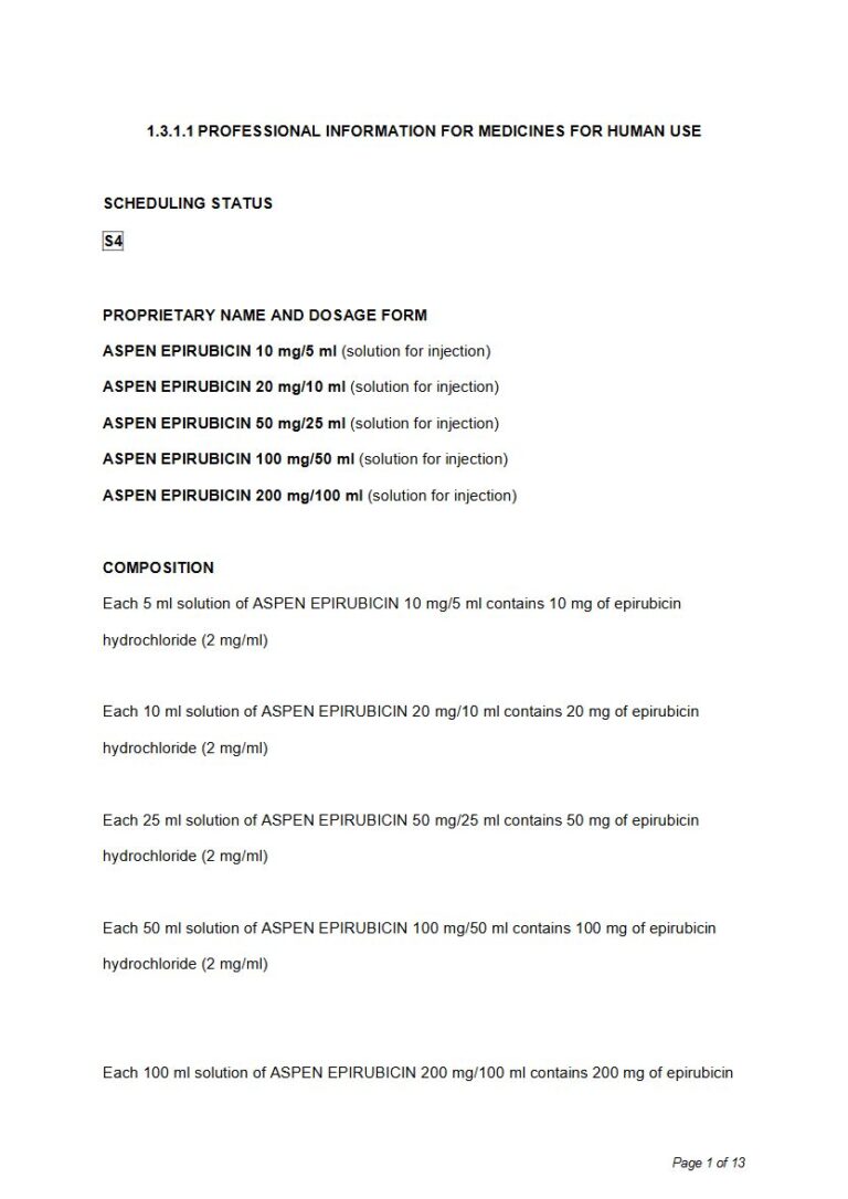 Aspen Epirubicin Injection package insert preview