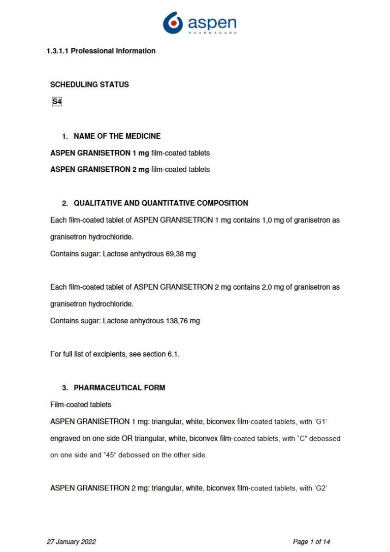 Aspen Granisetron tablets package insert preview