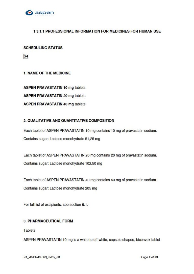 Aspen Pravastatin Tablets package insert preview