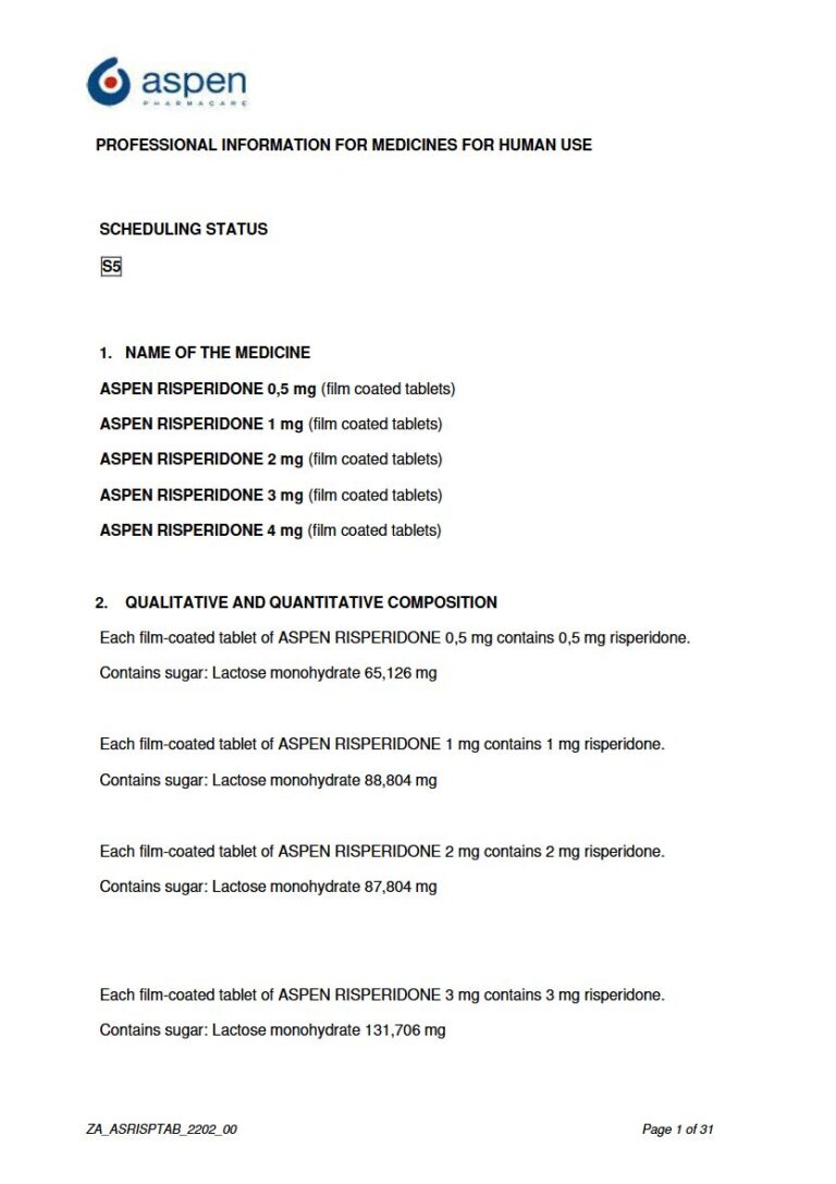 Aspen Risperidone Tablets package insert preview