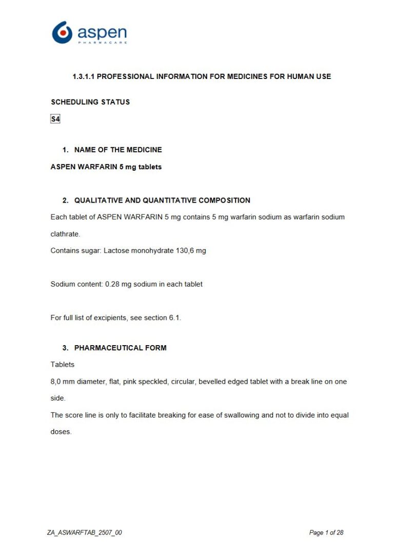 Aspen Warfarin 5mg Tablets package insert preview