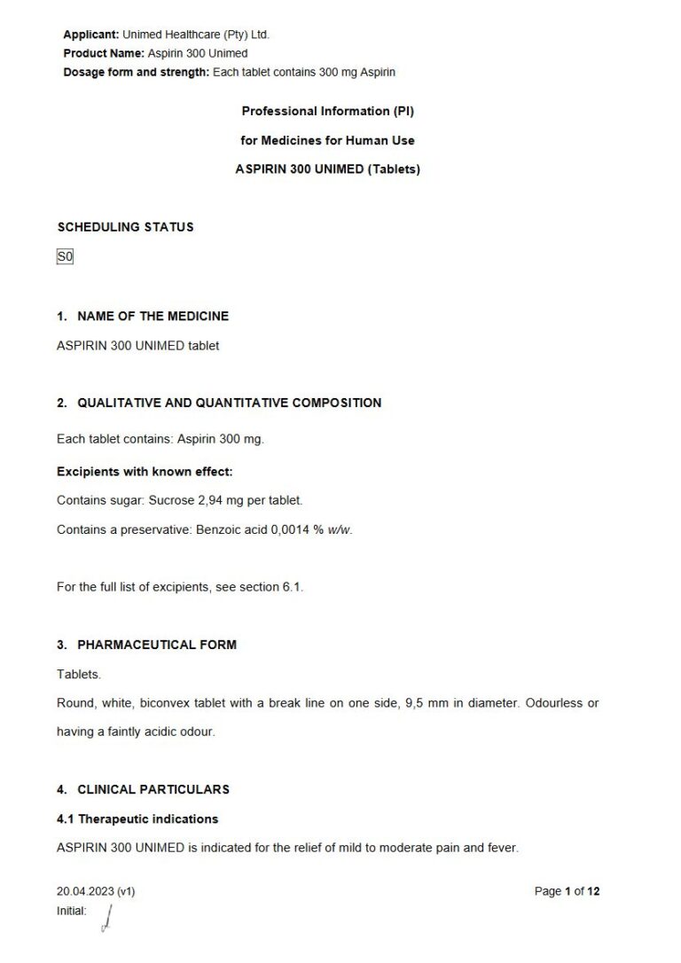 Aspirin 300 Unimed Tablets package insert preview