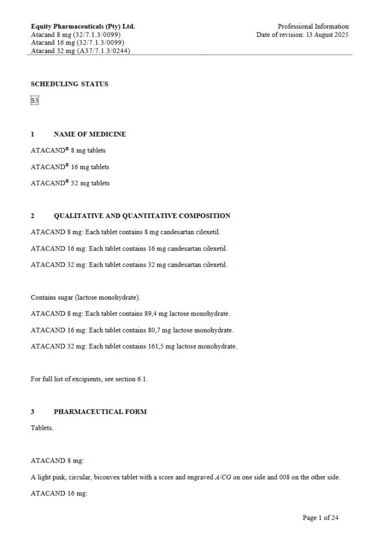 Atacand Tablets package insert preview
