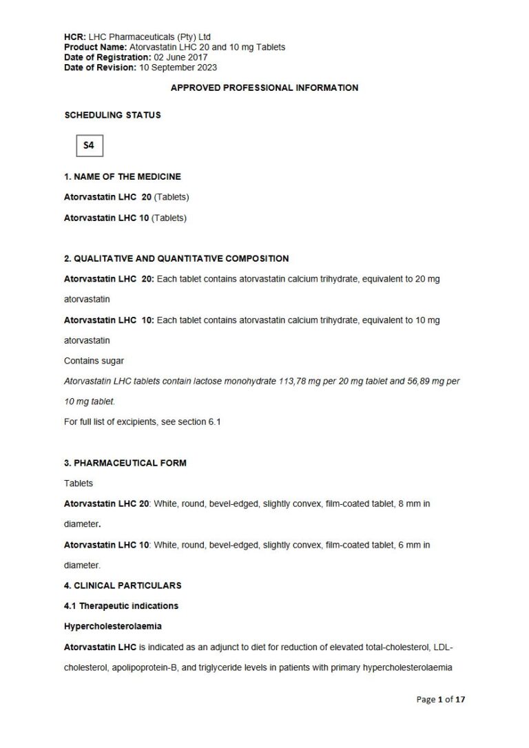 Atorvastatin LHC 20 or 10 Tablets package insert preview