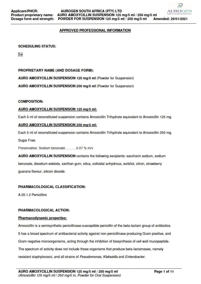 Auro Amoxycillin 125 mg/5 ml/250 mg Suspension package insert preview