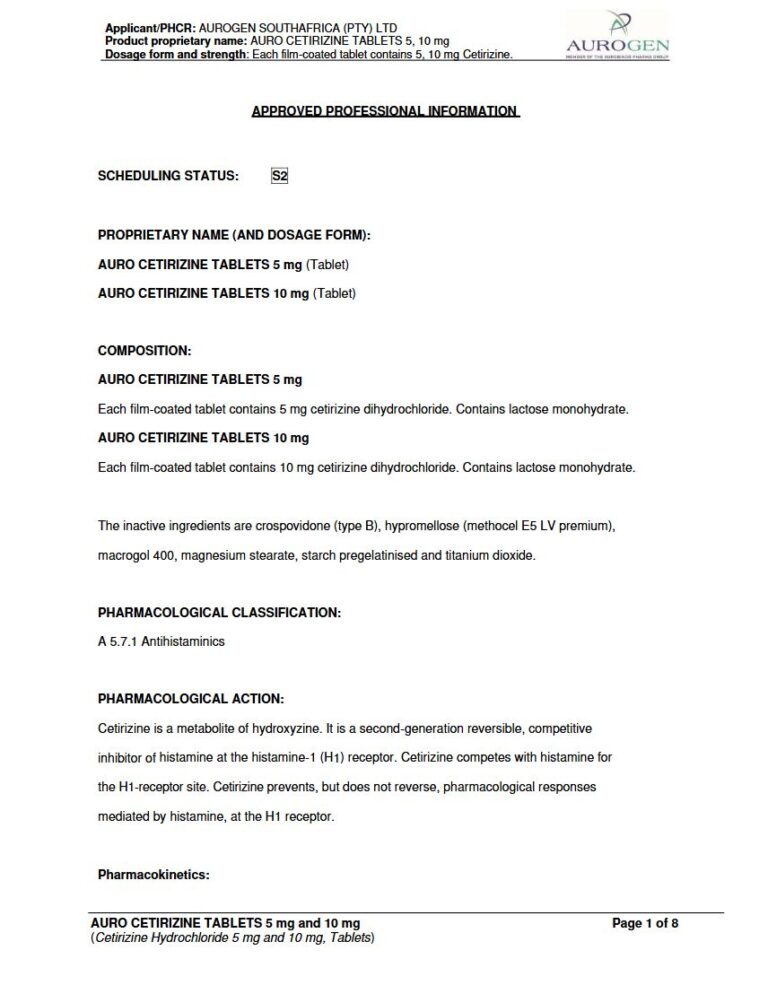 Auro Cetirizine 5mg & 10mg FC Tablets package insert preview