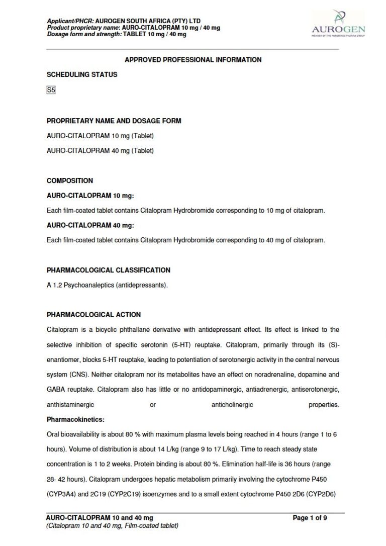 Auro-Citalopram Tablets package insert preview