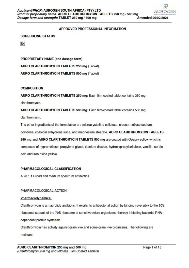 Auro Clarithromycin 250mg & 500mg Tablets package insert preview
