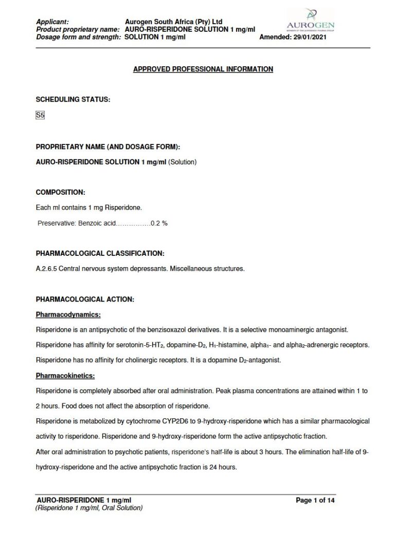 Auro-Risperidone Oral Solution package insert preview
