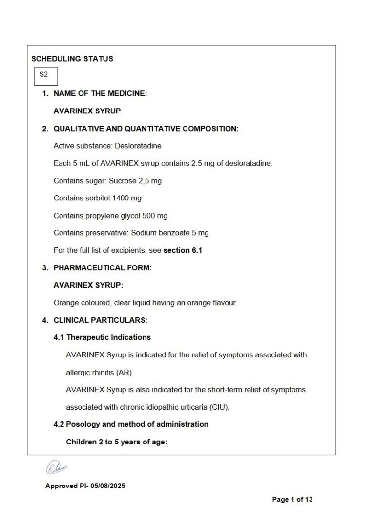 Avarinex Syrup package insert preview