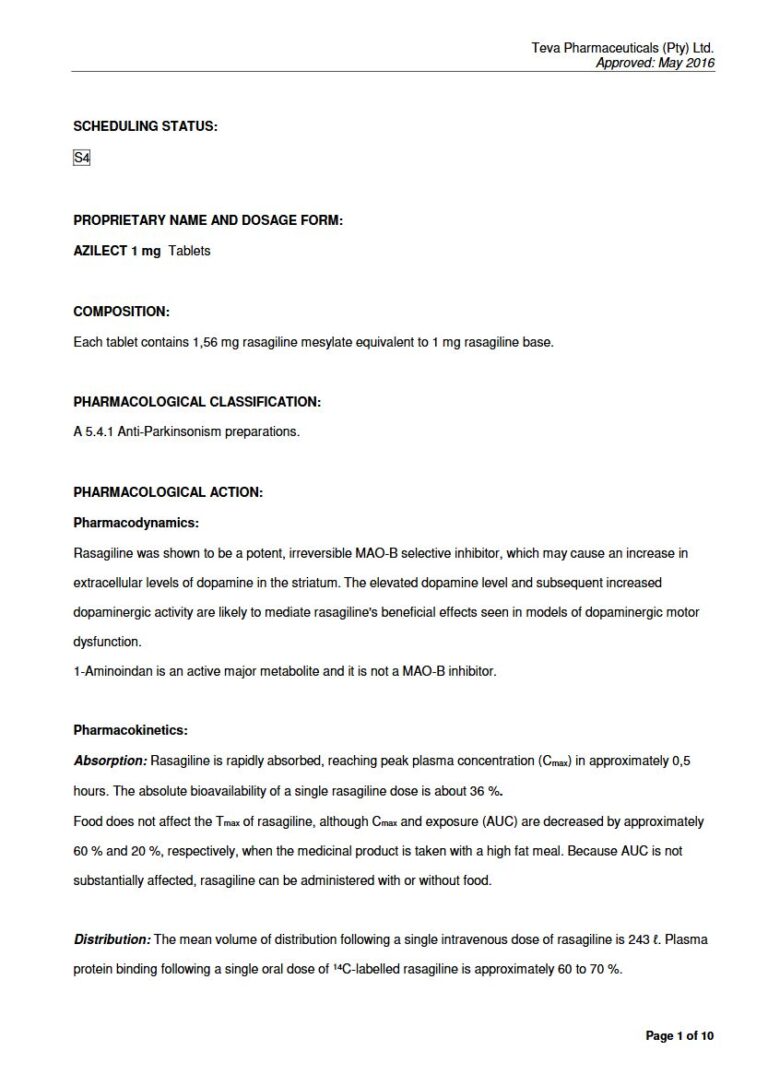 Azilect 1mg Tablet package insert preview