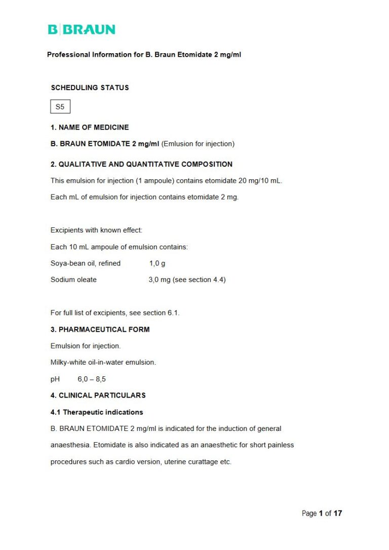 B. Braun Etomidate 2 mg/ml Injection package insert preview