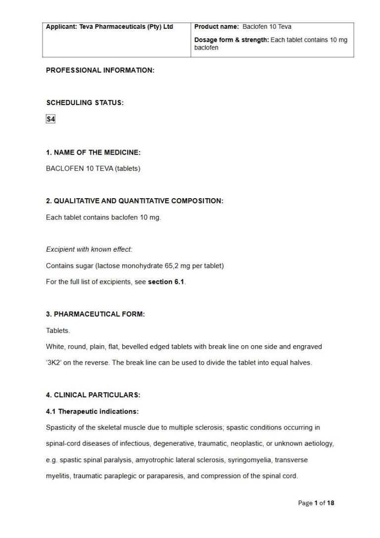 Baclofen 10 Teva Tablets package insert preview