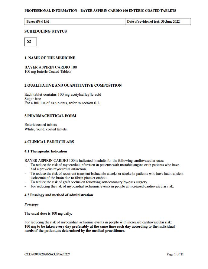 Bayer Aspirin Cardio 100 Tablets package insert preview