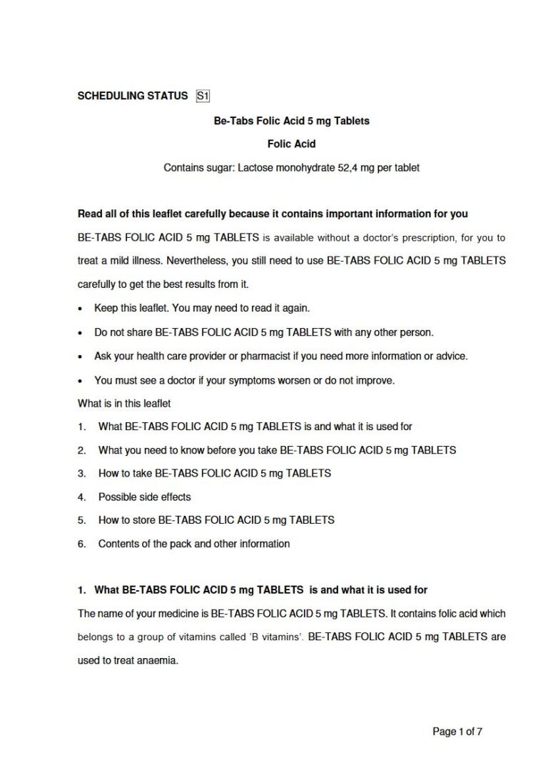Be-Tabs Folic Acid 5mg Tablets package insert preview