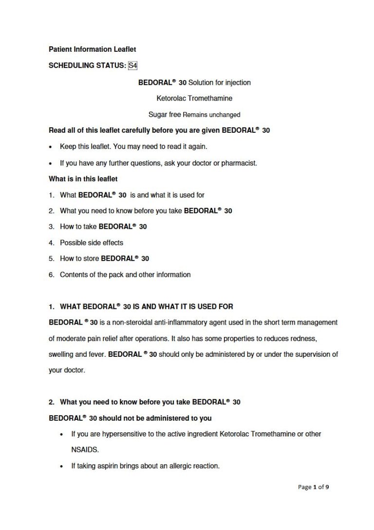 Bedoral Injection package insert preview