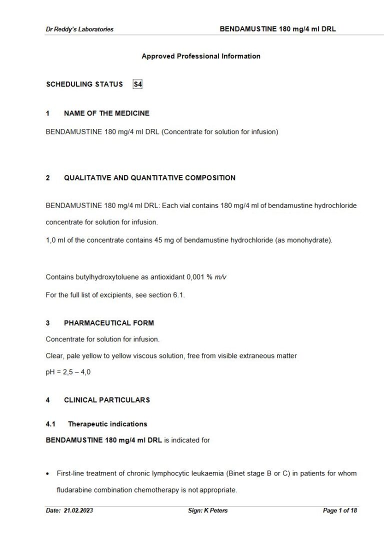 Bendamustine 180mg/4ml Injection package insert preview